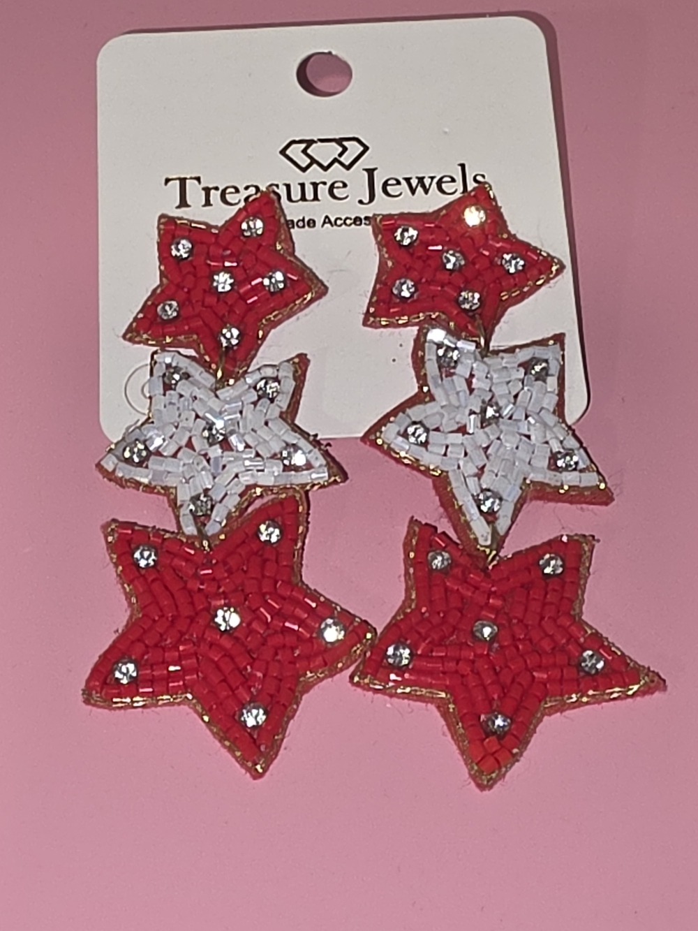 NWT Treasure Jewels Patriotic Red & White Beaded Star Drop Earrings